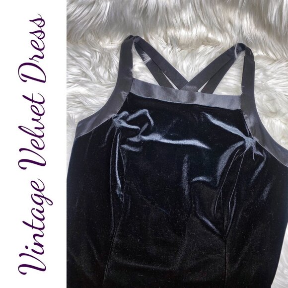 CDC PETITES VINTAGE BLACK VELVET Y2K STRETCHY FORMAL DRESS SATIN STRAPPY BACK, 8 - Picture 8 of 9